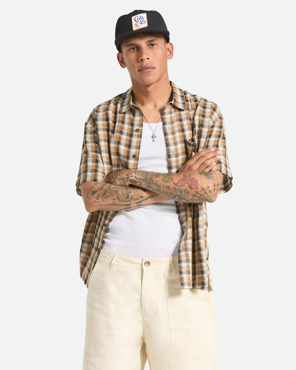 Brixton Cru Linen Blend Plaid S/S Shirt - Black/Tobacco Plaid