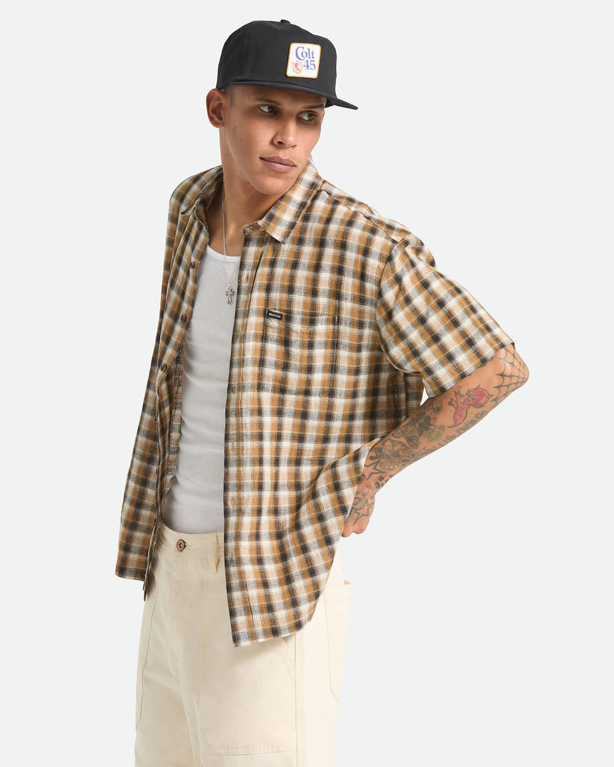 Brixton Cru Linen Blend Plaid S/S Shirt - Black/Tobacco Plaid