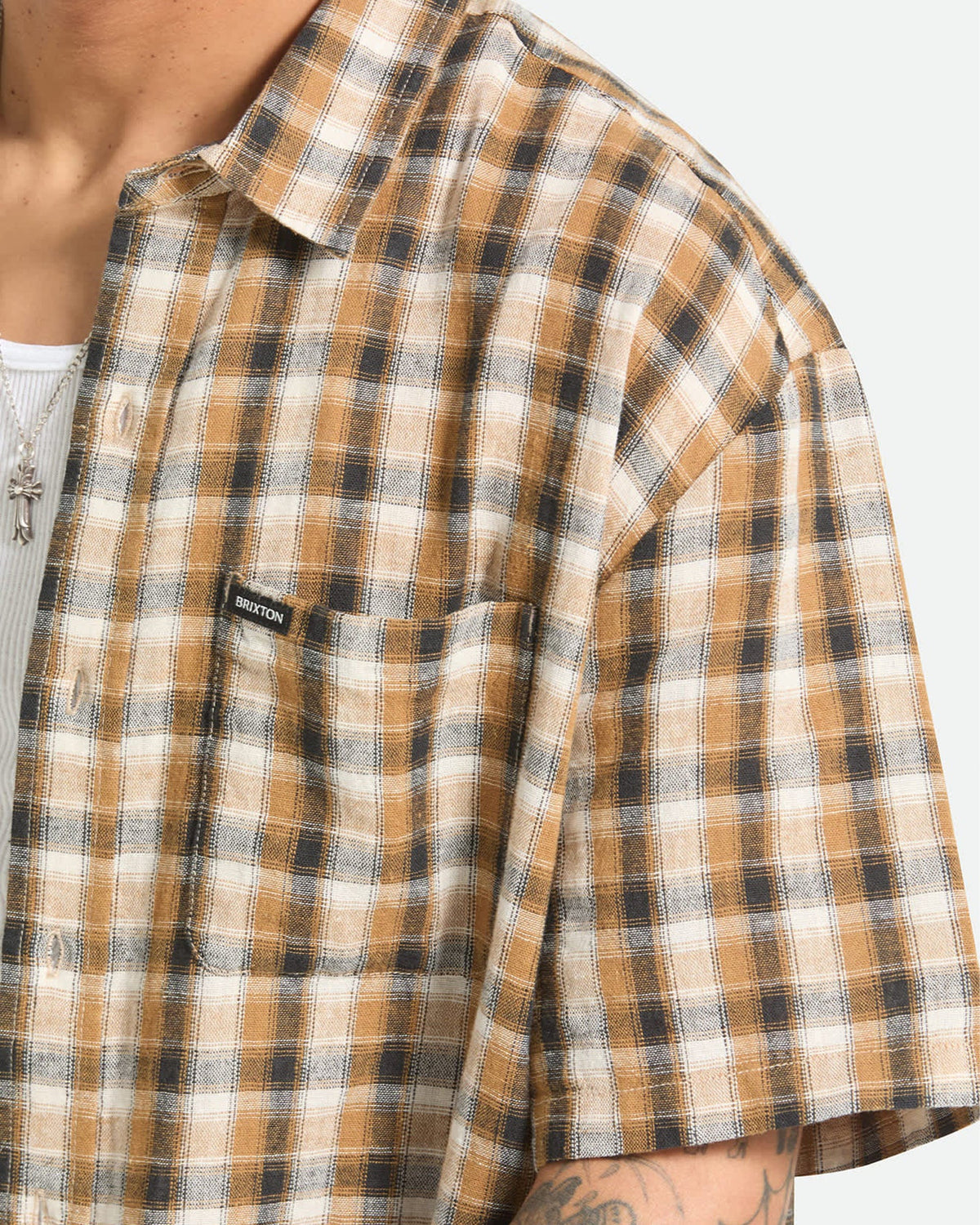Brixton Cru Linen Blend Plaid S/S Shirt - Black/Tobacco Plaid