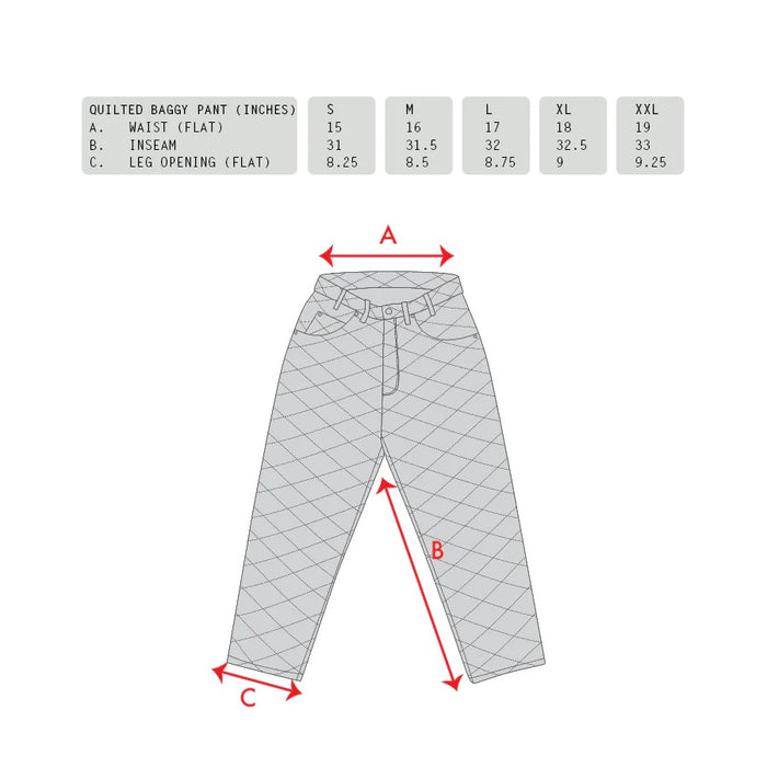GX1000 Baggy Quilted Pant Fall 2023 Size Chart
